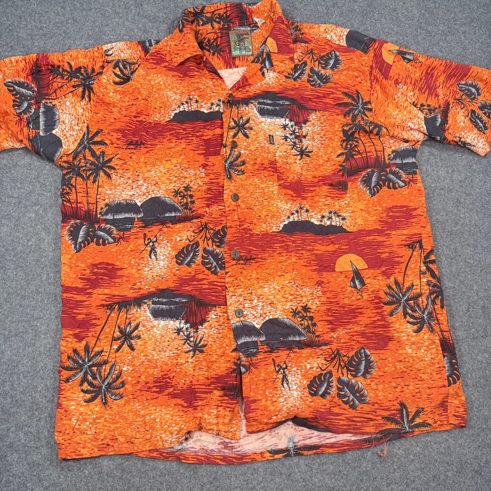 Pineapple Connection Mens Large Orange Rayon Tropical Sunset Island Aloha Shirt